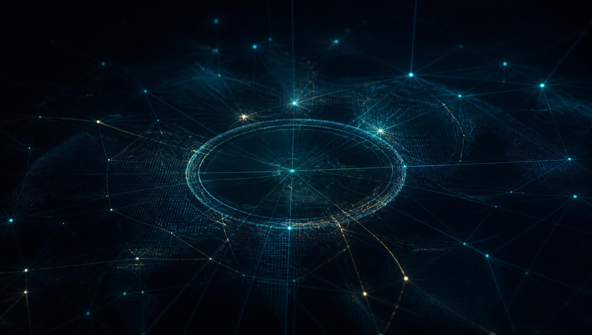 Abstract intelligence command center with a network of connected nodes